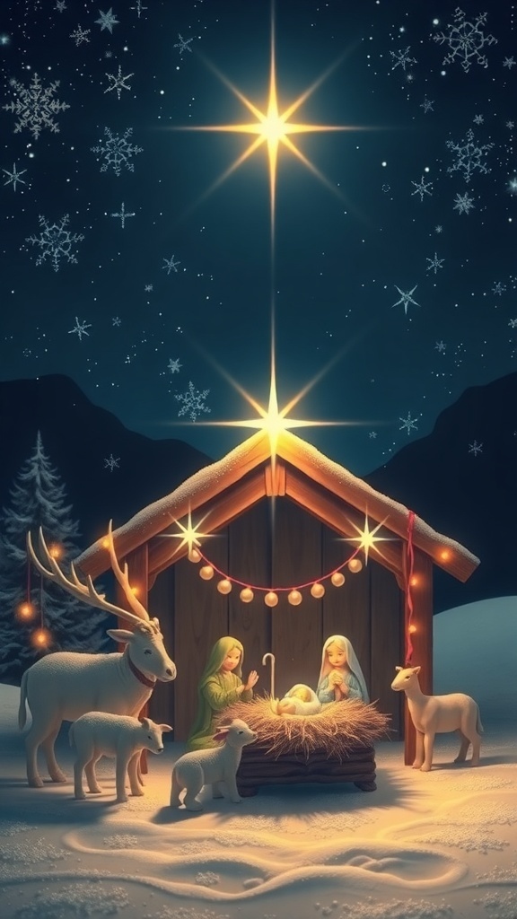 A peaceful nativity scene with the birth of Jesus, illuminated by a bright star in a starry night.
